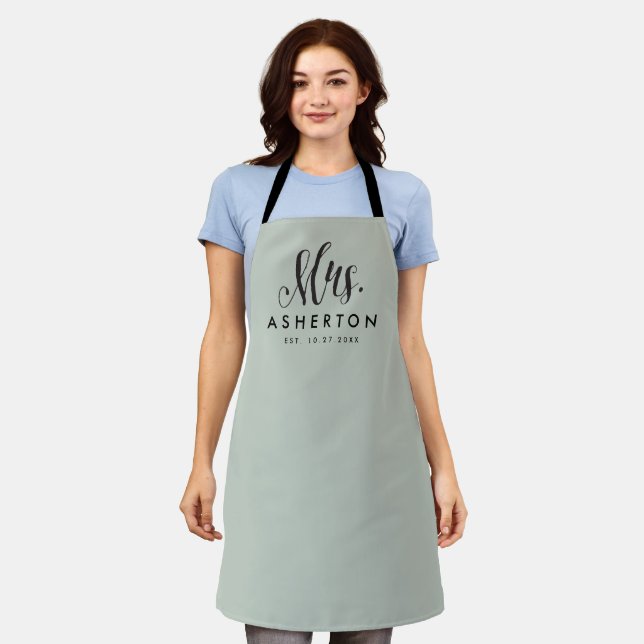 Mrs newlywed bride personalised sage green apron (Worn)