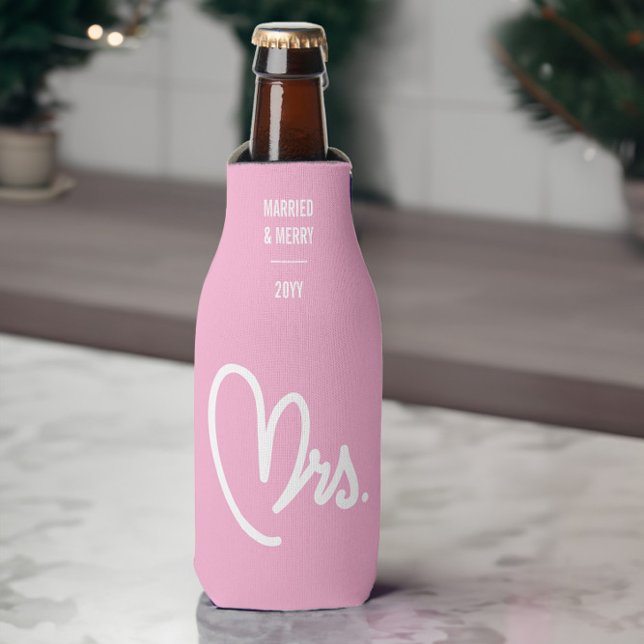 Mrs Newlywed Custom Text Pink Bottle Cooler (Mrs - married & merry bottle cooler from Newlywed Christmas Gift Ideas collection by Darling & May)