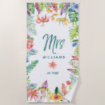 Mrs Newlywed Tropical Floral Watercolor Script Beach Towel<br><div class="desc">Perfect gift yourself or for newlywed friends: The Mr and Mrs (family name) beach towel with gorgeous tropical watercolor florals surrounding the name and year they got married. Your beach vacation just got better with this chic and trendy personalised towel that combines stylish script calligraphy with modern typography. Look for...</div>