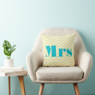 Mrs. Pale Yellow Ivory Bright Aqua Zig Zag Cushion