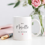 Mrs Personalised Black Script Last Name Wedding Coffee Mug<br><div class="desc">Custom Mrs. coffee mug for her features modern black script text that can be personalised with the newlywed bride's married last name and established wedding date. Includes a cute pink heart accent. Makes a special gift for the newly married Mrs!</div>