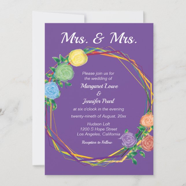 Mrs. Rainbow Flowers lesbian wedding invite Purple (Front)