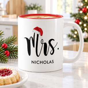 Mrs Red Santa Hat Custom Holiday Monogram Two-Tone Coffee Mug
