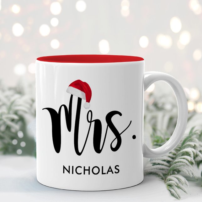 Mrs Red Santa Hat Custom Holiday Monogram Two-Tone Coffee Mug (Creator Uploaded)