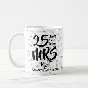 Mrs Right 25th Anniversary Silver Hearts Confetti Coffee Mug