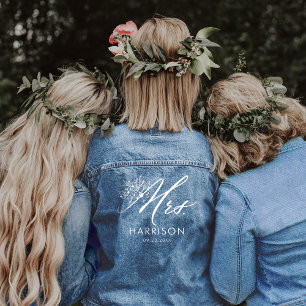 Mrs Script Bride's Name & Wedding Date Floral Denim Jacket