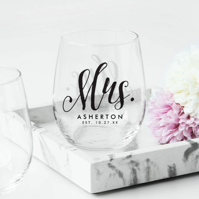 Mrs. script personalised newlywed bride stemless wine glass (Creator Uploaded)