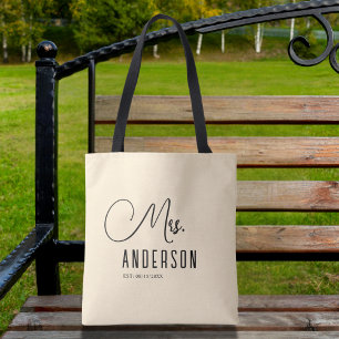 mrs text with custom surname and date Tote Bag