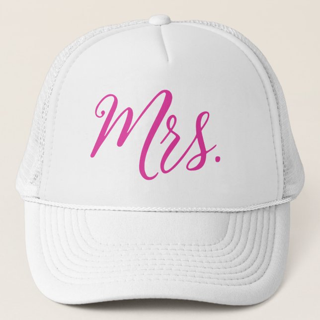 Mrs. Trucker Hat – Pink Chic Script Design (Front)