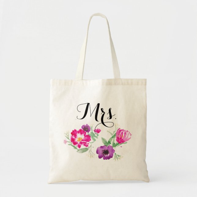 Mrs. Watercolor Flowers Tote Bag (Front)