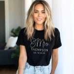 Mrs White Modern Script Custom Wedding Newlywed T-Shirt<br><div class="desc">Modern and casual chic white calligraphy script "Mrs." women's wedding tee shirt features custom text that can be personalised with the bride's new married last name and wedding date / date established. Perfect for the newly wed to wear at the honeymoon and beyond!</div>