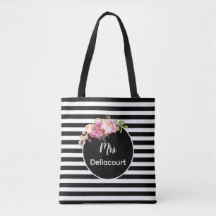 Mrs. with Black & White Stripes and Flowers Custom Tote Bag