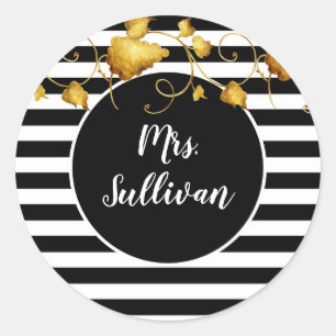 Mrs. with Black & White Stripes Gold Leaves Classic Round Sticker