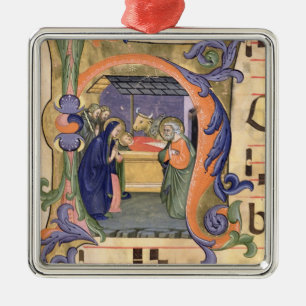 Ms 571 f.6r Historiated initial 'H' depicting the Metal Tree Decoration