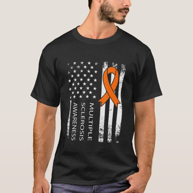 Ms Awareness, Distressed Flag And Orange Ribbon 1 T-Shirt (Front)
