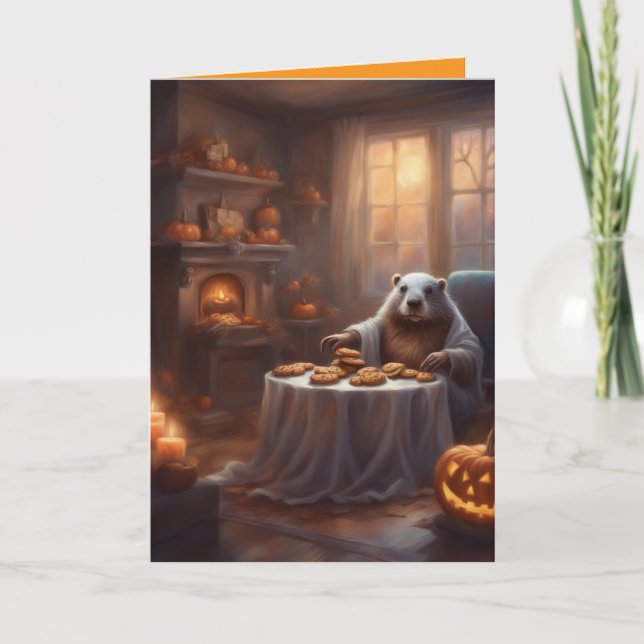 Ms. Beaver whimsical Halloween house greeting Card (Front)