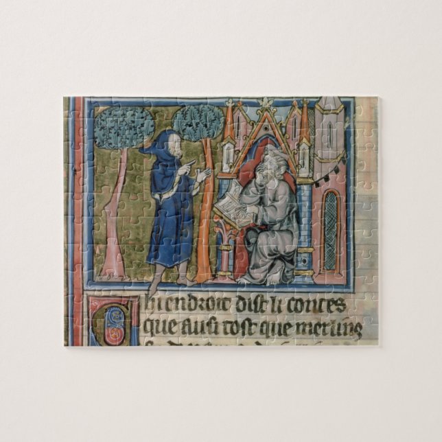 Ms Fr. 95 f.268 Merlin dictates the story to Blais Jigsaw Puzzle (Horizontal)