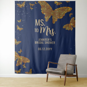 Ms Mrs Boho Gold Butterfly Navy Bridal Backdrop Tapestry
