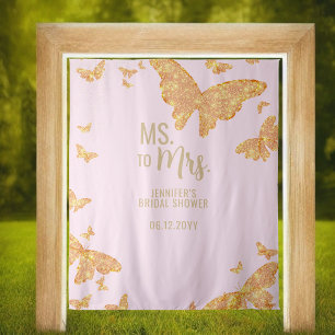 Ms Mrs Boho Gold Butterfly Pink Bridal Backdrop Tapestry