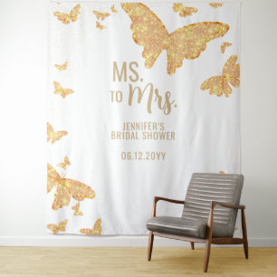 Ms Mrs Boho Gold Butterfly White Bridal Backdrop Tapestry
