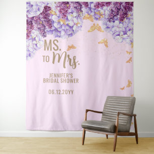 Ms Mrs Floral Arch Butterfly Pink Bridal Backdrop Tapestry