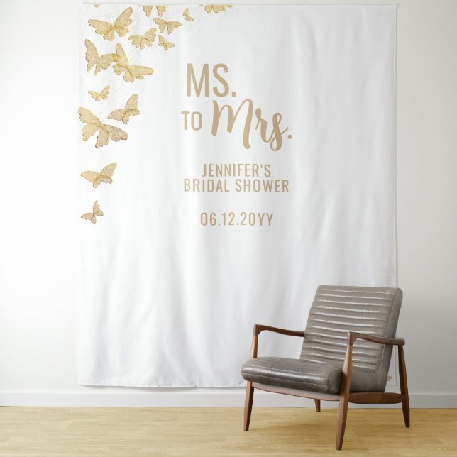 Ms Mrs Gold Butterfly White Bridal Backdrop Tapestry (In Situ)