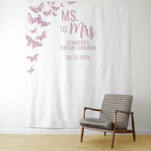 Ms Mrs Purple Gold Butterfly White Bridal Backdrop Tapestry