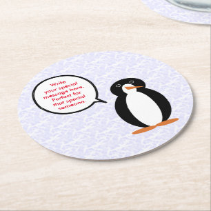 Ms. Penguin Talking in Her Birthday Suit Holiday Round Paper Coaster