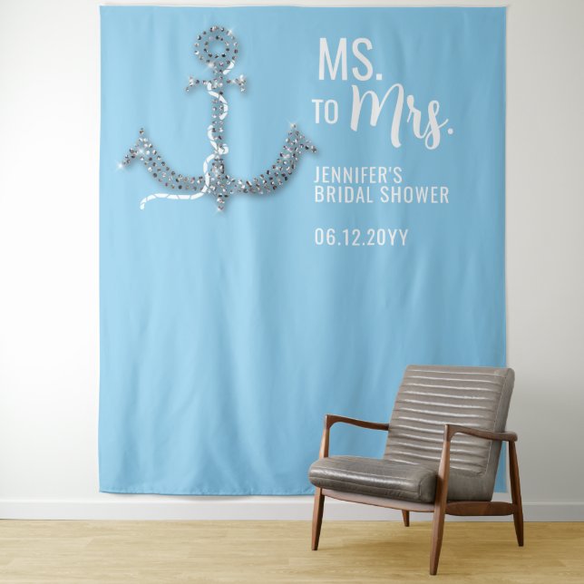 Ms to Mrs Anchor Beach Blue Bridal Shower Backdrop Tapestry (In Situ)