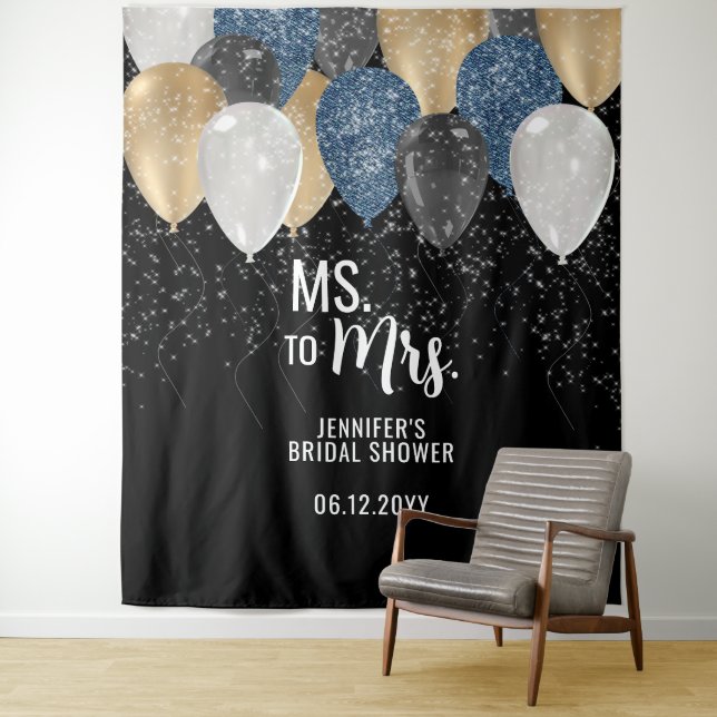 Ms to Mrs Balloon Denim Bridal Shower Backdrop Tapestry (In Situ)