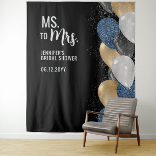 Ms to Mrs Balloons Black Bridal Shower Backdrop Tapestry