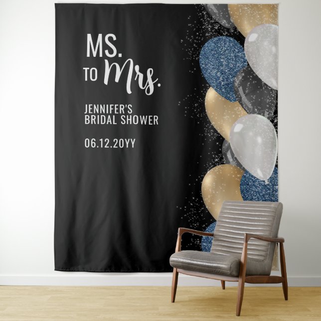 Ms to Mrs Balloons Black Bridal Shower Backdrop Tapestry (In Situ)