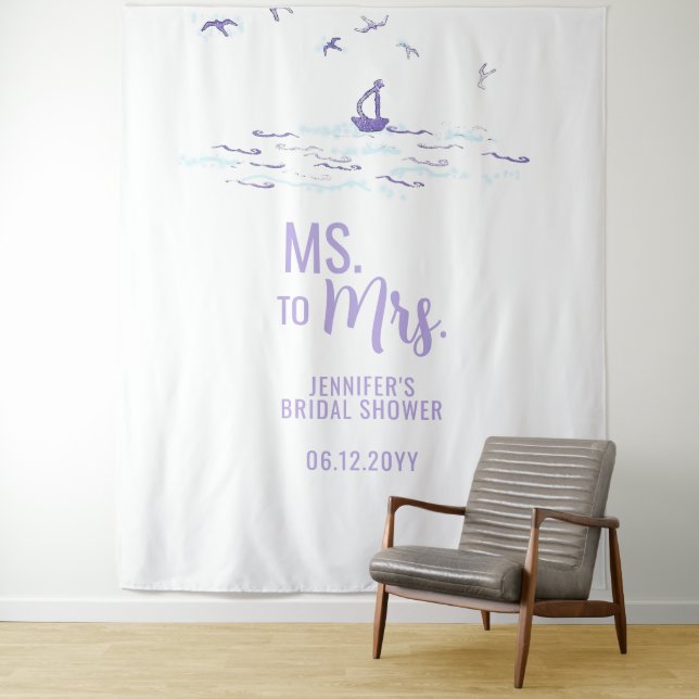 Ms to Mrs Beach Boat Waves Blue Bridal Backdrop Tapestry (In Situ)