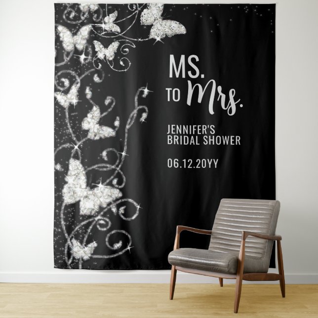 Ms to Mrs Butterflies Black Bridal Shower Backdrop Tapestry (In Situ)