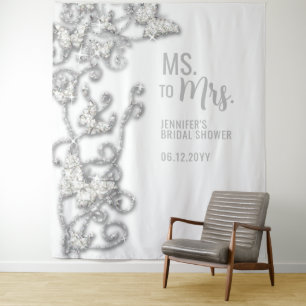 Ms to Mrs Butterflies White Bridal Shower Backdrop Tapestry