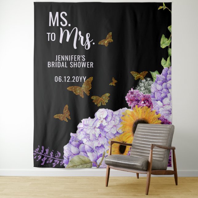 Ms to Mrs Floral Butterfly Bridal Shower Backdrop Tapestry (In Situ)