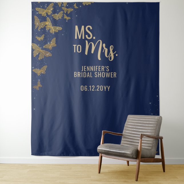 Ms to Mrs Gold Butterfly Navy Bridal Backdrop Tapestry (In Situ)