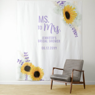 Ms to Mrs Sunflower Lavender White Bridal Backdrop Tapestry