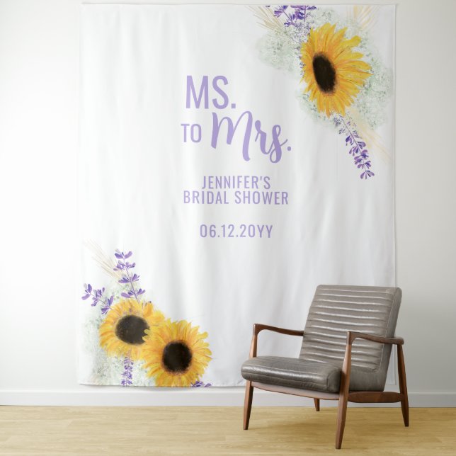 Ms to Mrs Sunflower Lavender White Bridal Backdrop Tapestry (In Situ)