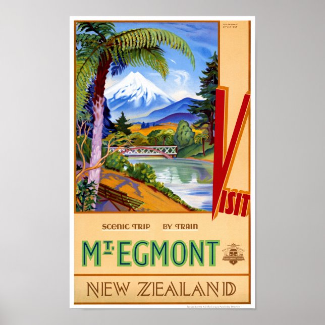 Mt. Egmont New Zealand Vintage Travel Poster (Front)