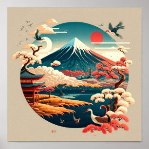 Mt. Fuji with Japanese landscape in vintage style. Poster