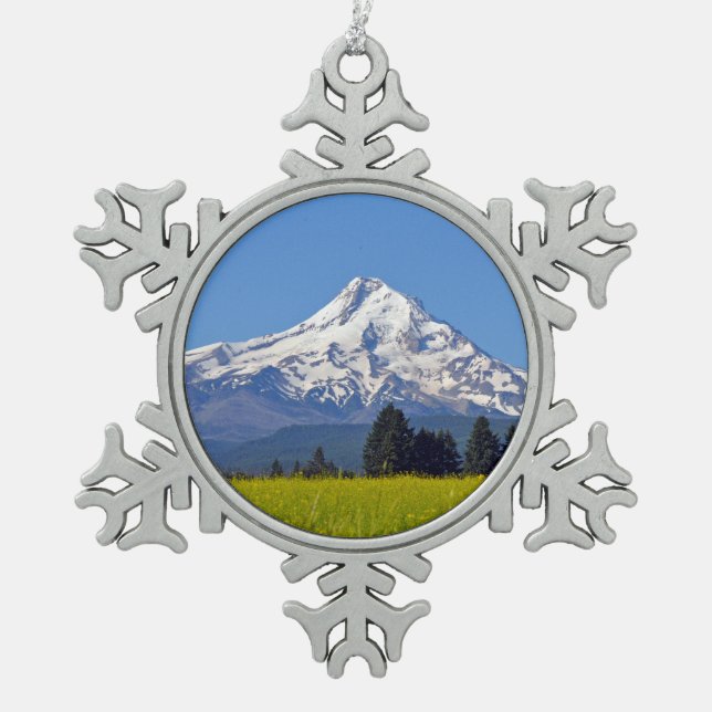Mt Hood Oregon Snowflake Pewter Christmas Ornament (Front)