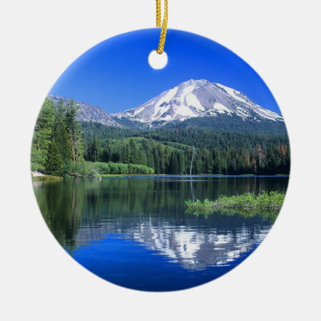 Mt. Lassen rises above Manzanita Lake Ceramic Tree Decoration (Front)