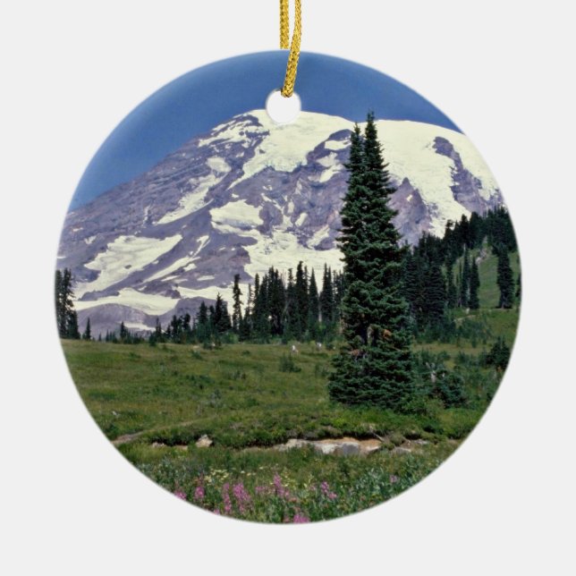 Mt. Rainer, Washington Red flowers Ceramic Tree Decoration (Front)