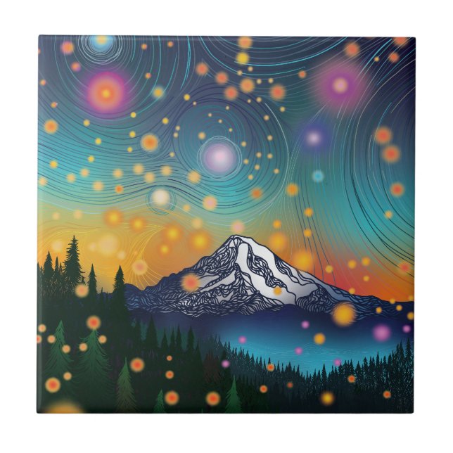 Mt. Rainier Evening Starry Sky and Fireflies Tile (Front)
