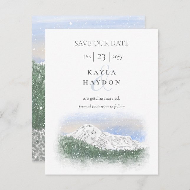 Mt Rainier, Falling Snow Wedding Save the Date Invitation (Front/Back)