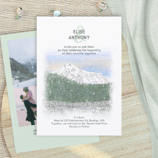 Mt. Rainier, Falling Snow, Winter Green Wedding Invitation