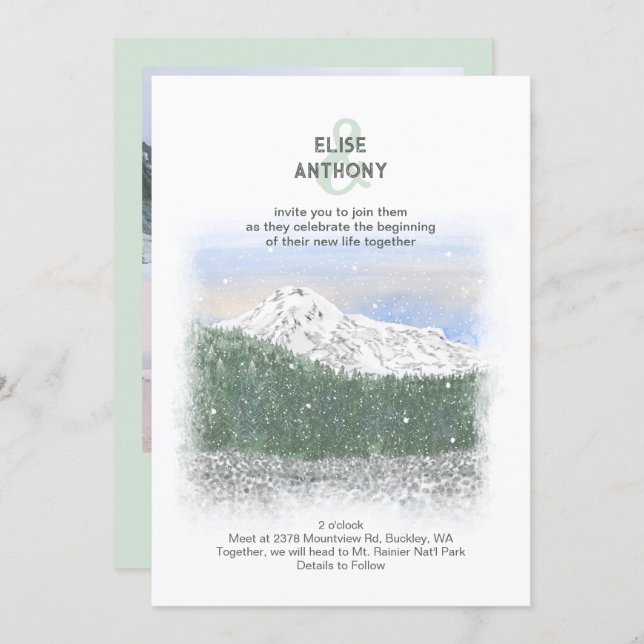 Mt. Rainier, Falling Snow, Winter Green Wedding Invitation (Front/Back)