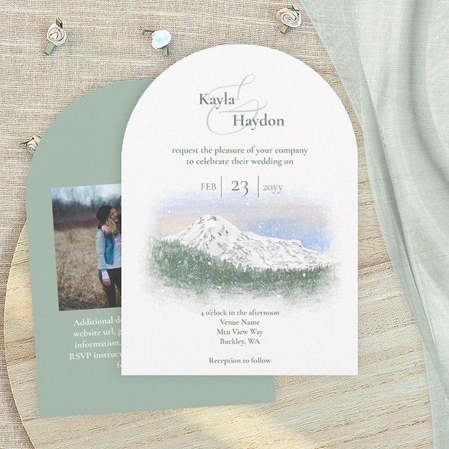 Mt. Rainier, Falling Snow Winter Wedding Invitation (Mt. Rainier, mountain wedding invitation card, spruce pine trees forest, pacific northwest theme)