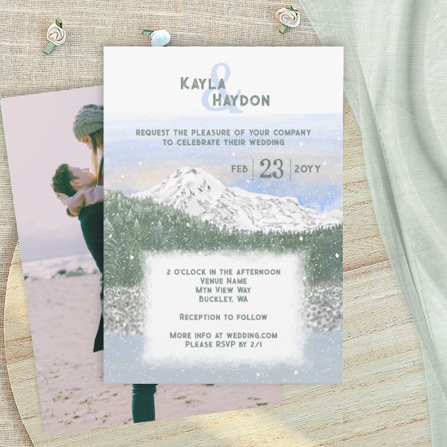 Mt. Rainier, Falling Snow Winter Wedding Invitation (Mt Rainier National Forest, mountain wedding invitation card, snow, winter, pacific northwest)